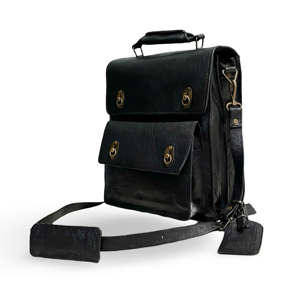 NWOT! Black Water Buffalo Rugged All Leather Messenger Gamer File Crossbody Bag - Picture 4 of 14